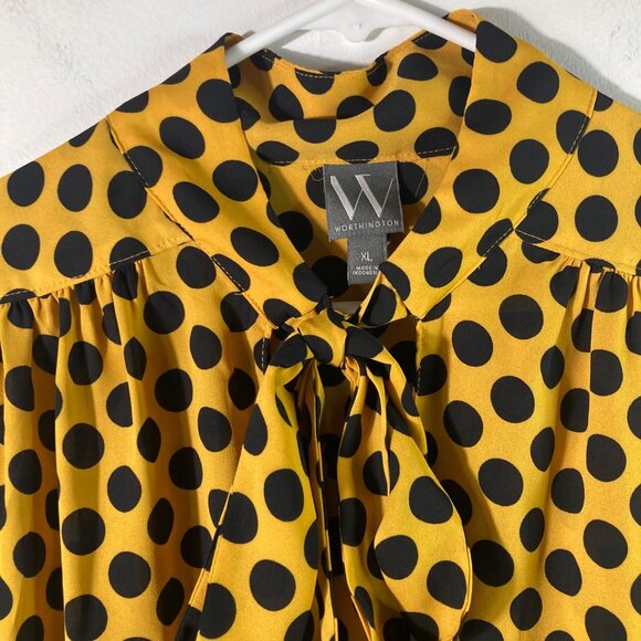 Womens Worthington V Neck Tie Polka Dot Blouse Gold Black XL Polyester‎ - Picture 4 of 11